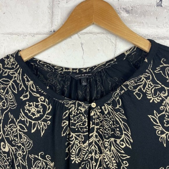 Lucky Brand Black Tan Boho Print Keyhole Front Top - Picture 2 of 12